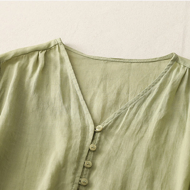 Buddha Stones Embroidery Button-down Women's Cotton Linen Shirt - image 2