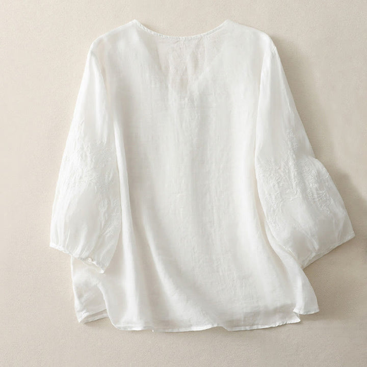 Buddha Stones Embroidery Button-down Women's Cotton Linen Shirt - image 9