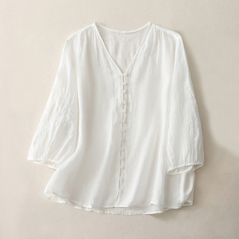 Buddha Stones Embroidery Button-down Women's Cotton Linen Shirt - White - US8-10，UK/AU12-14，EU40-42 (2XL) - image 6