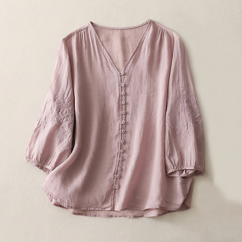 Buddha Stones Embroidery Button-down Women's Cotton Linen Shirt - Plum - US8-10，UK/AU12-14，EU40-42 (2XL) - image 16