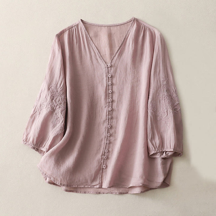 Buddha Stones Embroidery Button-down Women's Cotton Linen Shirt - Plum - US8-10，UK/AU12-14，EU40-42 (2XL) - image 16