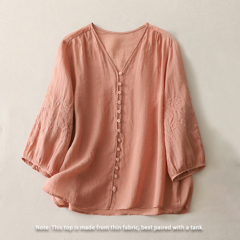 Buddha Stones Embroidery Button-down Women's Cotton Linen Shirt - image 23