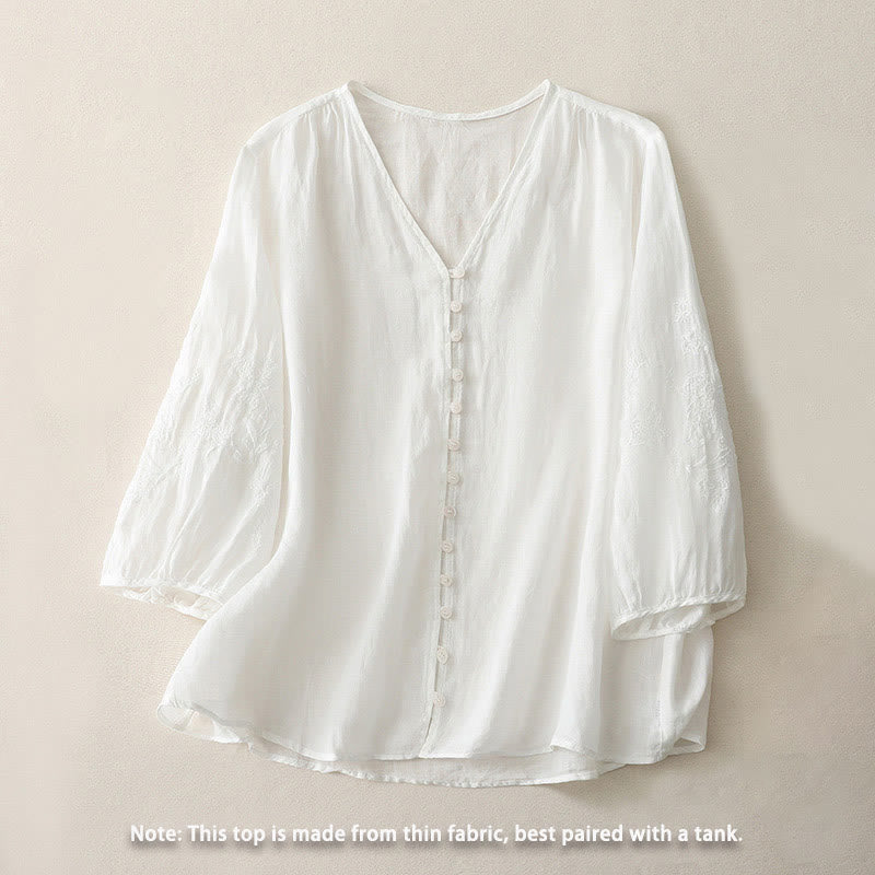 Buddha Stones Embroidery Button-down Women's Cotton Linen Shirt - image 7