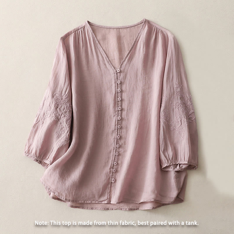 Buddha Stones Embroidery Button-down Women's Cotton Linen Shirt - image 17