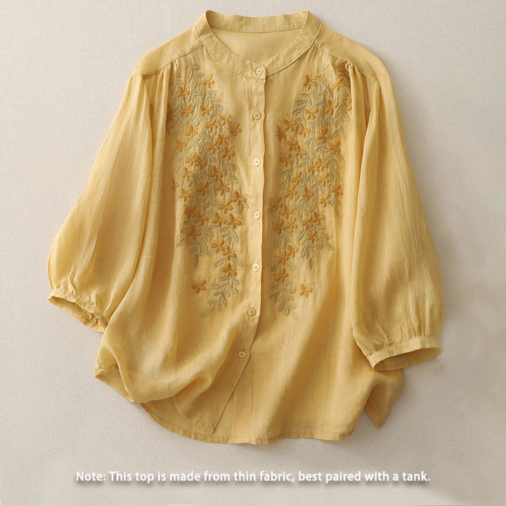 Buddha Stones Embroidery Flowers Single Breasted Women's Cotton Linen Shirt - image 8