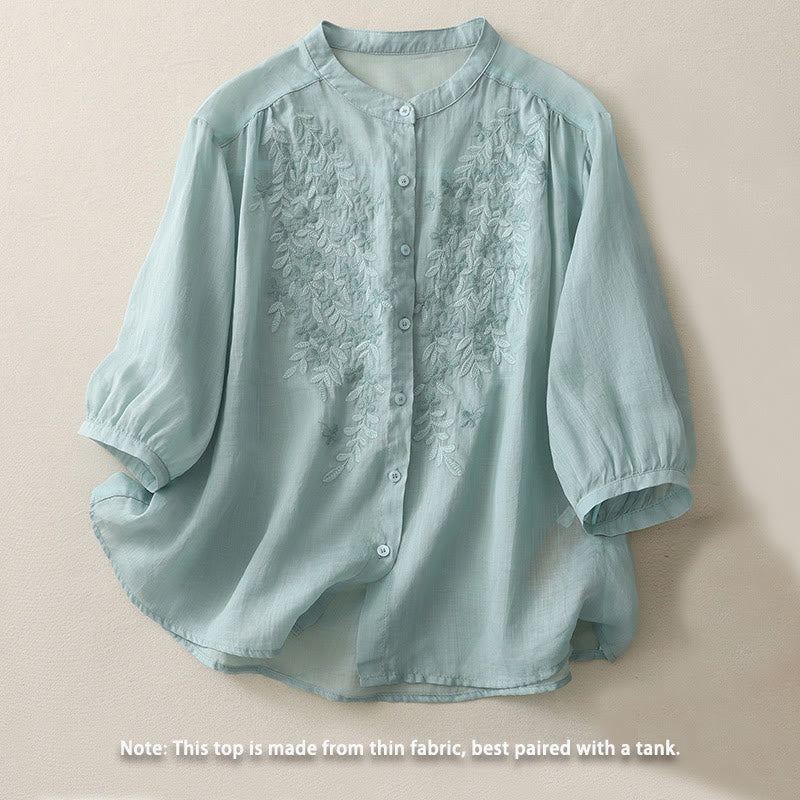 Buddha Stones Embroidery Flowers Single Breasted Women's Cotton Linen Shirt - image 20