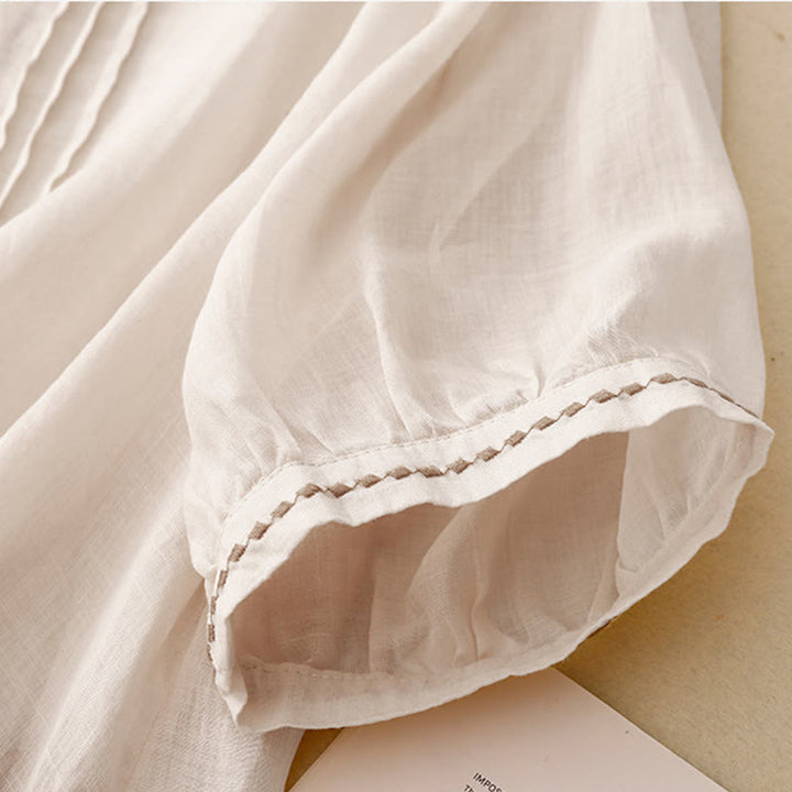 Buddha Stones Embroidery Crew Neck Pleats Women's Cotton Linen Half Sleeve T-shirt - image 7