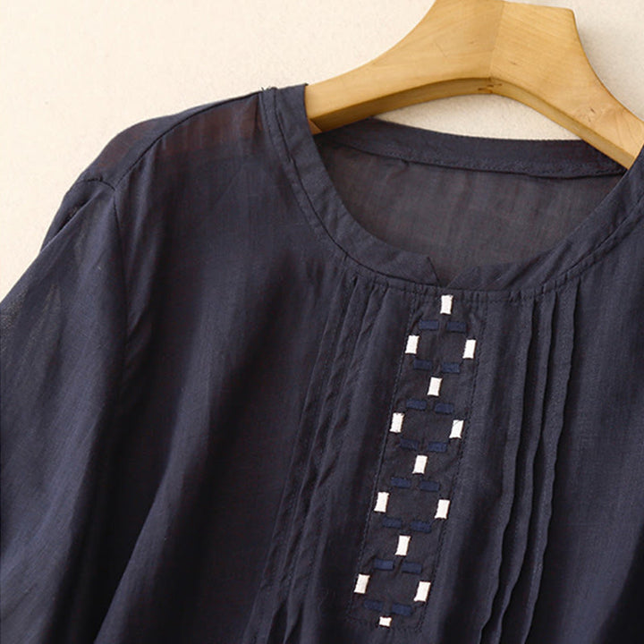 Buddha Stones Embroidery Crew Neck Pleats Women's Cotton Linen Half Sleeve T-shirt - image 16