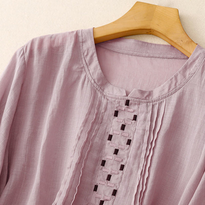 Buddha Stones Embroidery Crew Neck Pleats Women's Cotton Linen Half Sleeve T-shirt - image 24