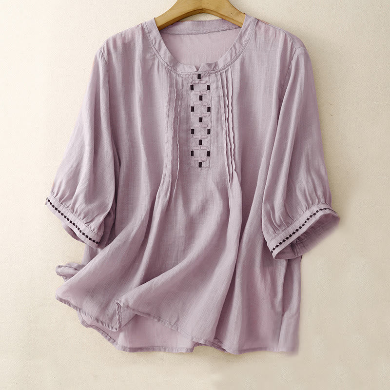 Buddha Stones Embroidery Crew Neck Pleats Women's Cotton Linen Half Sleeve T-shirt - Plum - US14，UK/AU18，EU46 (2XL) - image 18