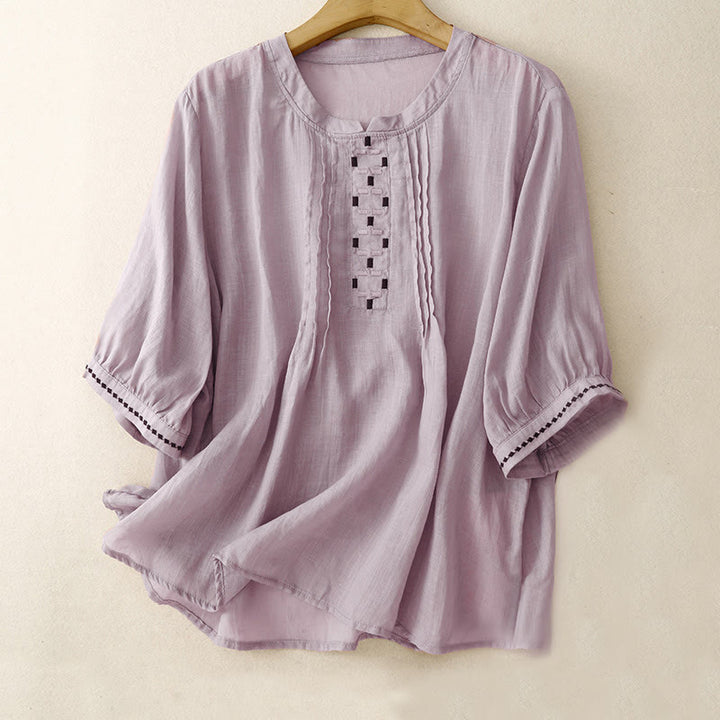 Buddha Stones Embroidery Crew Neck Pleats Women's Cotton Linen Half Sleeve T-shirt - Plum - US14，UK/AU18，EU46 (2XL) - image 18