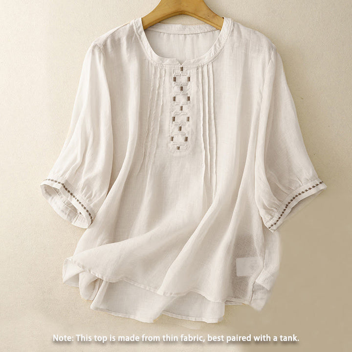 Buddha Stones Embroidery Crew Neck Pleats Women's Cotton Linen Half Sleeve T-shirt - image 1