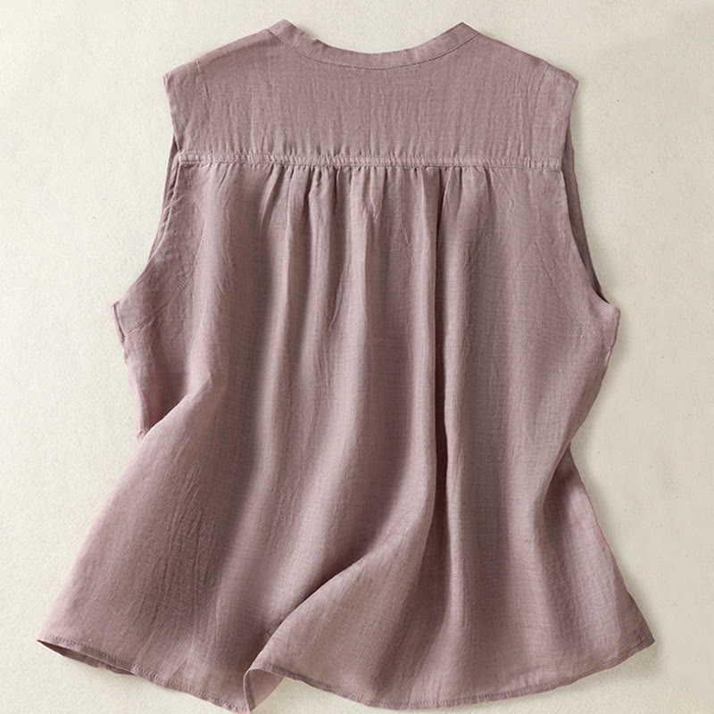 Buddha Stones Casual Sleeveless Pleated Design Women's Cotton Linen Half Sleeve Shirt - image 1
