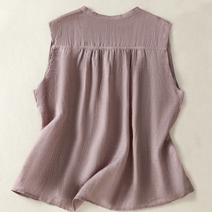 Buddha Stones Casual Sleeveless Pleated Design Women's Cotton Linen Half Sleeve Shirt - image 1