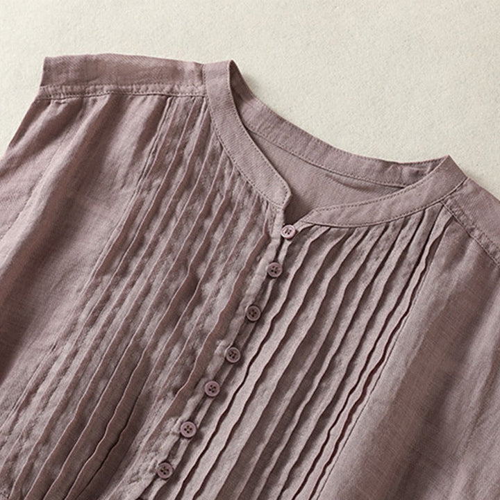 Buddha Stones Casual Sleeveless Pleated Design Women's Cotton Linen Half Sleeve Shirt - image 3