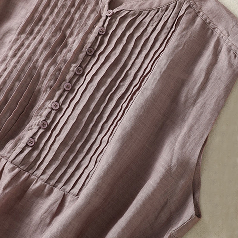 Buddha Stones Casual Sleeveless Pleated Design Women's Cotton Linen Half Sleeve Shirt - image 8