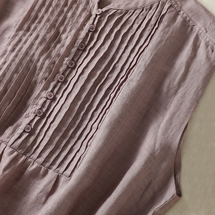 Buddha Stones Casual Sleeveless Pleated Design Women's Cotton Linen Half Sleeve Shirt - image 8