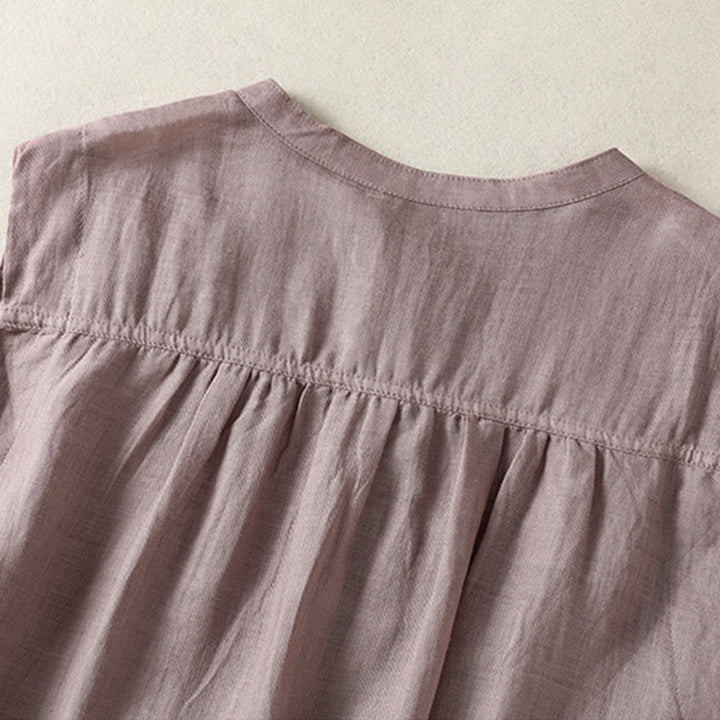 Buddha Stones Casual Sleeveless Pleated Design Women's Cotton Linen Half Sleeve Shirt - image 7