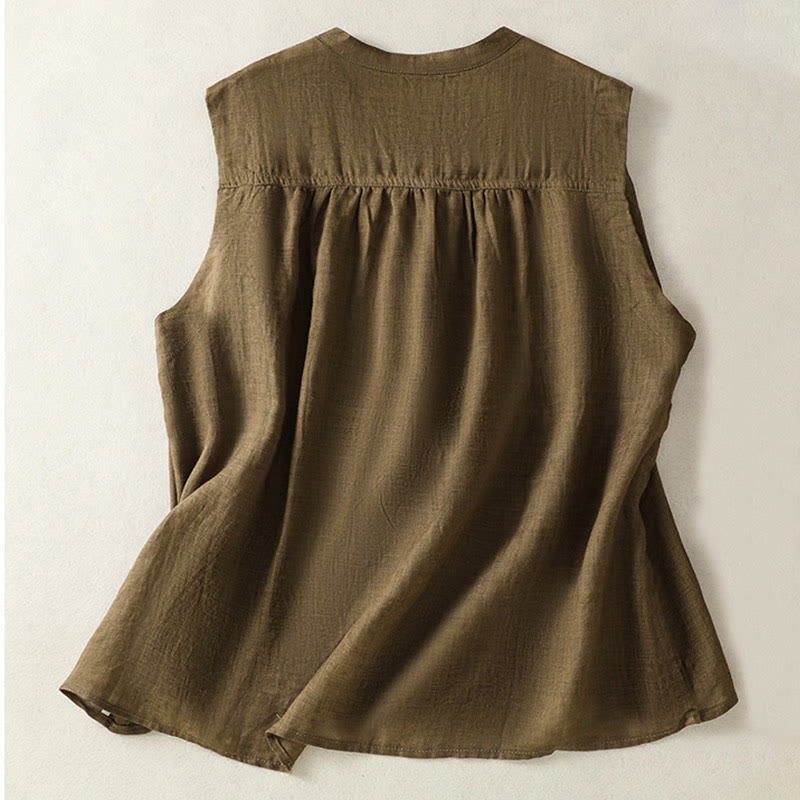 Buddha Stones Casual Sleeveless Pleated Design Women's Cotton Linen Half Sleeve Shirt - image 10