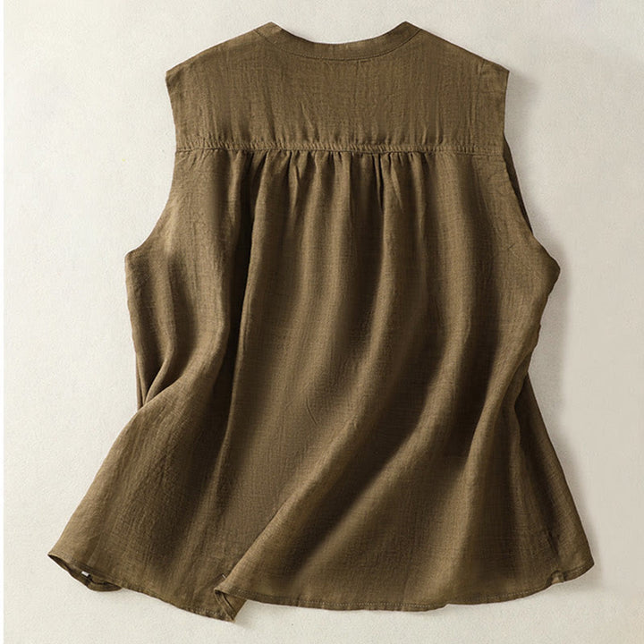 Buddha Stones Casual Sleeveless Pleated Design Women's Cotton Linen Half Sleeve Shirt - image 10