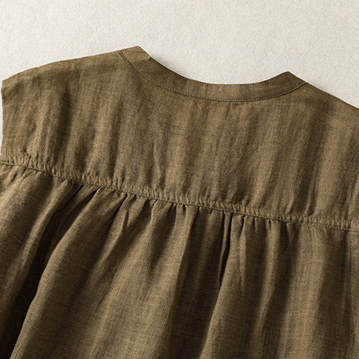 Buddha Stones Casual Sleeveless Pleated Design Women's Cotton Linen Half Sleeve Shirt - image 12