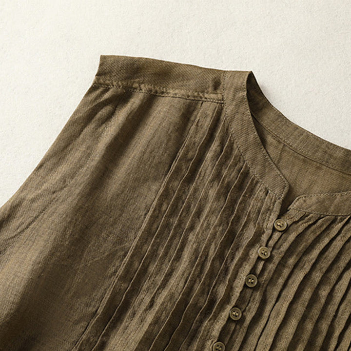 Buddha Stones Casual Sleeveless Pleated Design Women's Cotton Linen Half Sleeve Shirt - image 14
