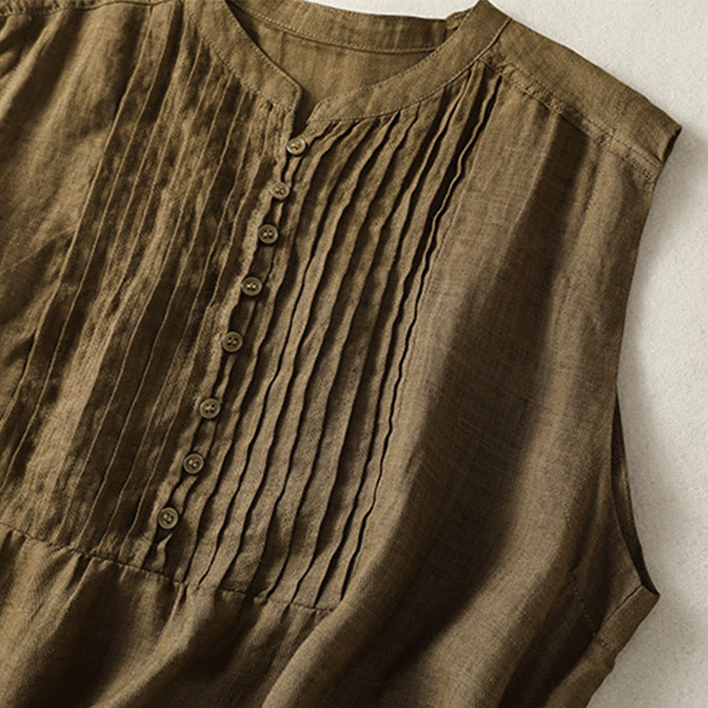 Buddha Stones Casual Sleeveless Pleated Design Women's Cotton Linen Half Sleeve Shirt - image 16