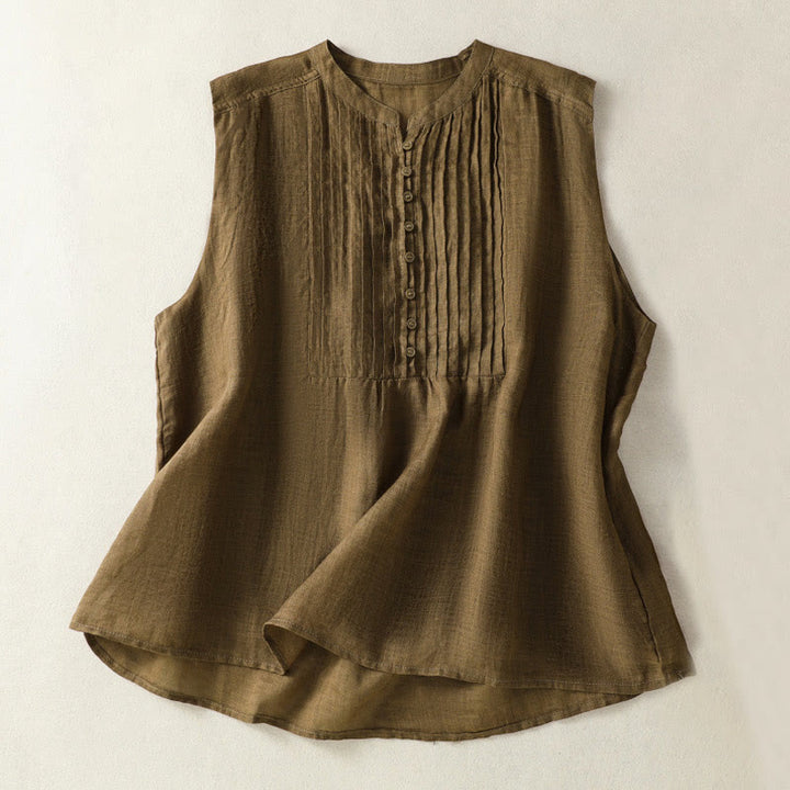 Buddha Stones Casual Sleeveless Pleated Design Women's Cotton Linen Half Sleeve Shirt - Olive - US14，UK/AU18，EU46 (2XL) - image 9