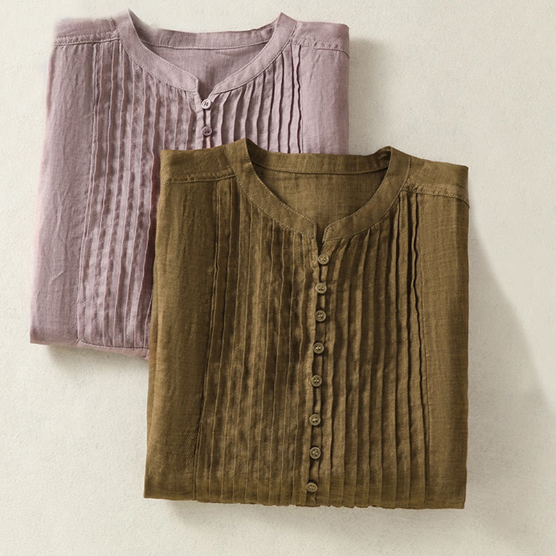 Buddha Stones Casual Sleeveless Pleated Design Women's Cotton Linen Half Sleeve Shirt - image 19