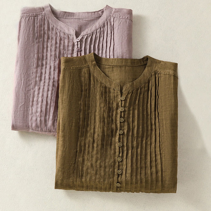 Buddha Stones Casual Sleeveless Pleated Design Women's Cotton Linen Half Sleeve Shirt - image 19