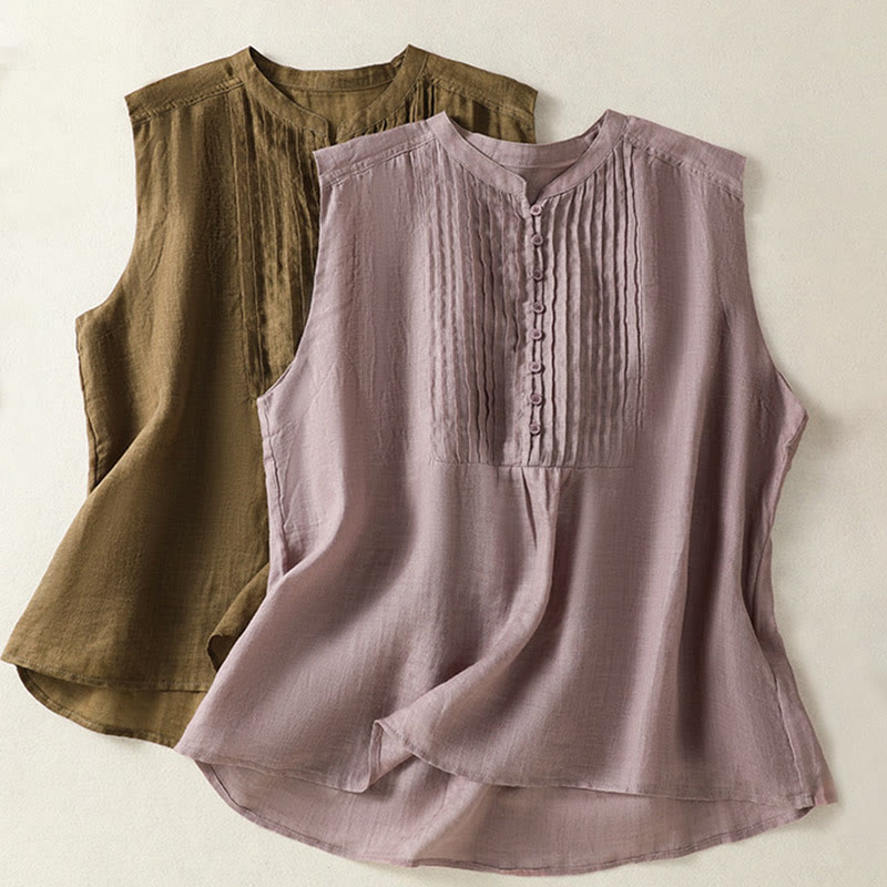 Buddha Stones Casual Sleeveless Pleated Design Women's Cotton Linen Half Sleeve Shirt - image 18