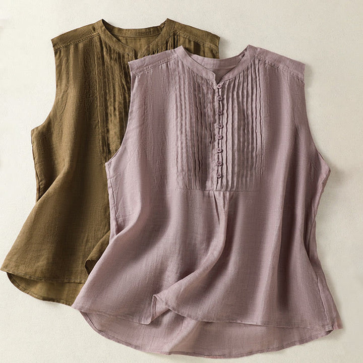 Buddha Stones Casual Sleeveless Pleated Design Women's Cotton Linen Half Sleeve Shirt - image 18