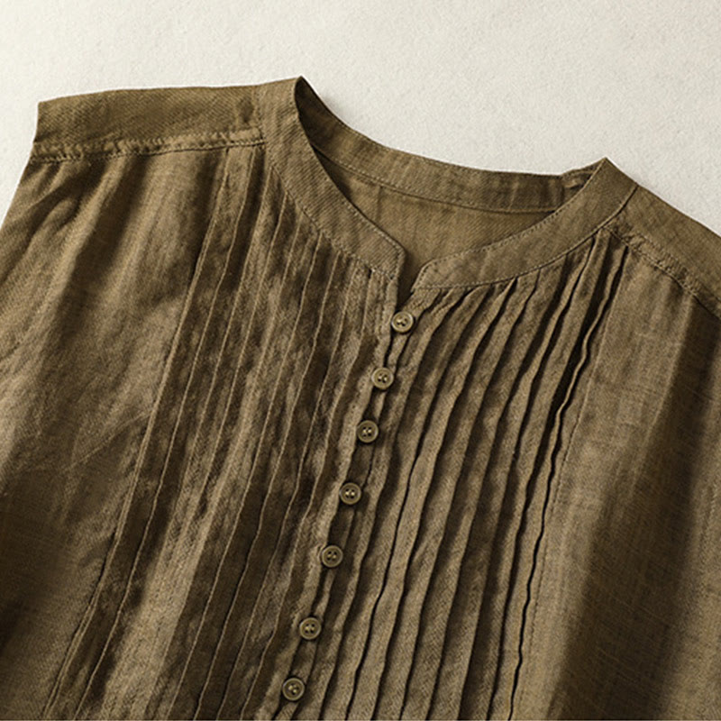 Buddha Stones Casual Sleeveless Pleated Design Women's Cotton Linen Half Sleeve Shirt - image 15