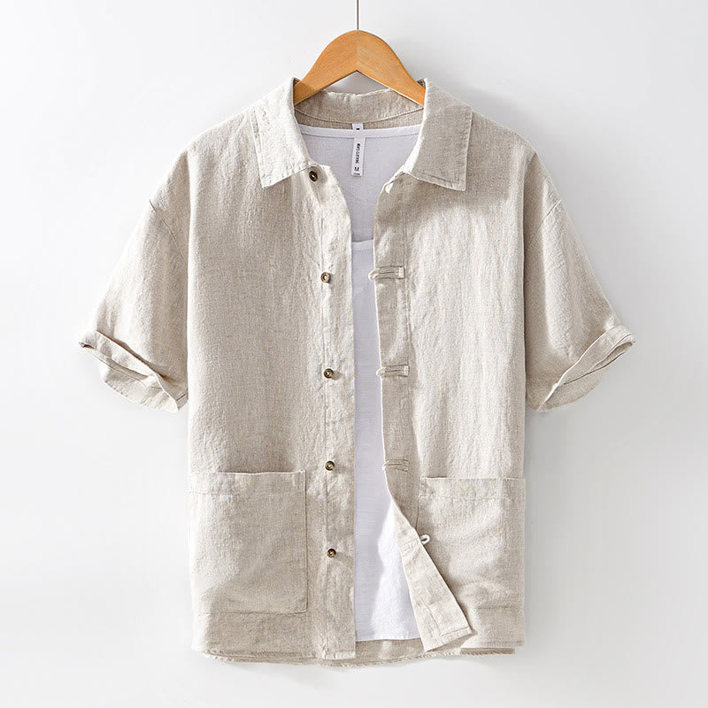 Buddha Stones Solid Color Buttons Men's Short Sleeve Linen Shirt With Pockets - Beige - US/UK/AU42，EU52 (3XL) - image 0