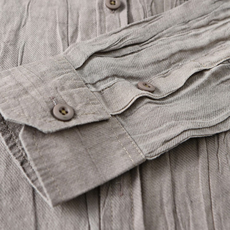 Buddha Stones Retro Pleats Buttons Men's Long Sleeve Ramie Linen Long Sleeve Shirt With Pockets - image 15