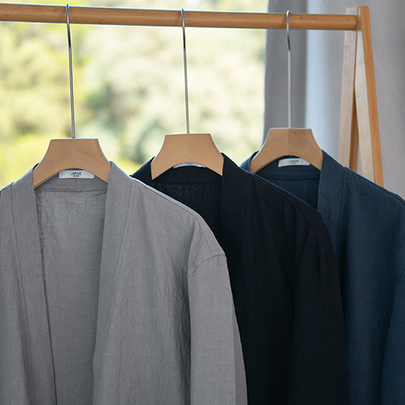 Buddha Stones Pure Color Stand Collar Men's Long Sleeve Cotton Linen Shirt - image 27