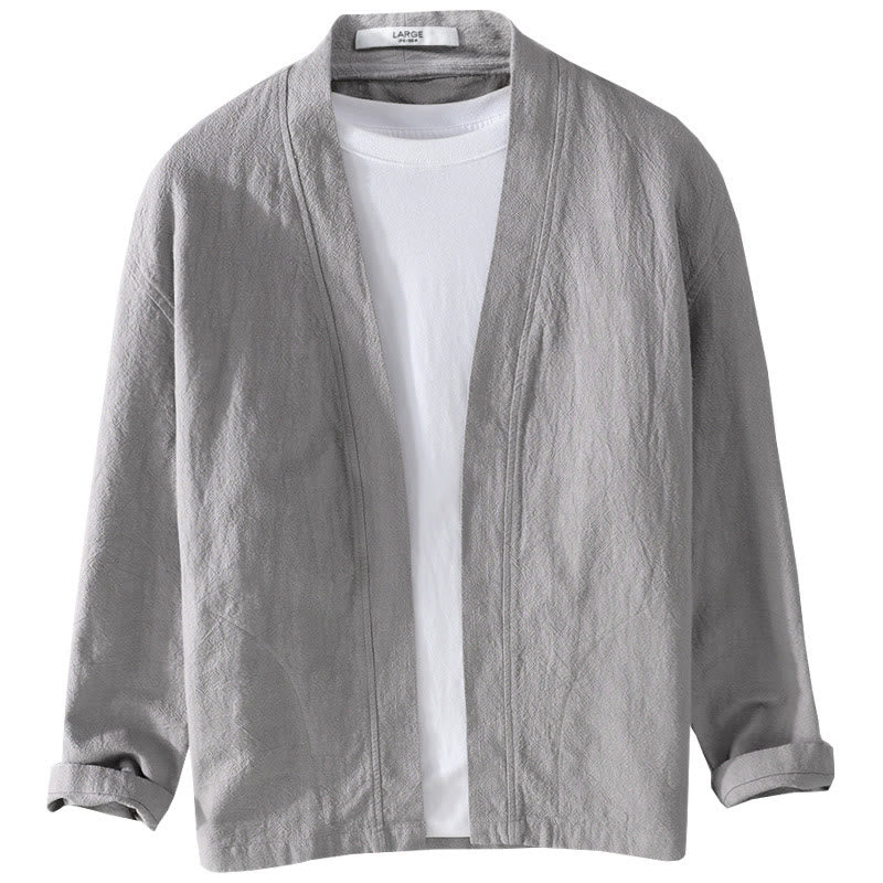 Buddha Stones Pure Color Stand Collar Men's Long Sleeve Cotton Linen Shirt - image 18