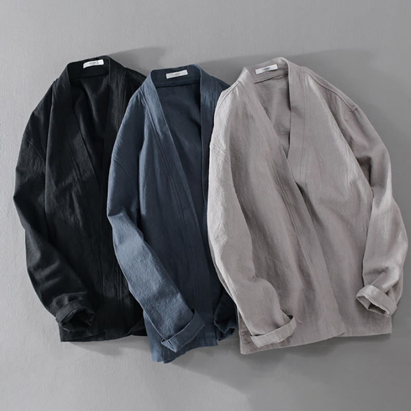 Buddha Stones Pure Color Stand Collar Men's Long Sleeve Cotton Linen Shirt - image 28