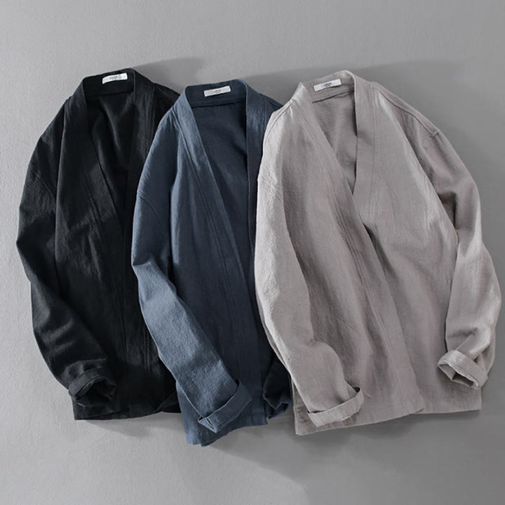 Buddha Stones Pure Color Stand Collar Men's Long Sleeve Cotton Linen Shirt - image 28