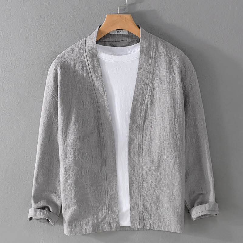 Buddha Stones Pure Color Stand Collar Men's Long Sleeve Cotton Linen Shirt - Silver - US/UK/AU42，EU52 (3XL) - image 8