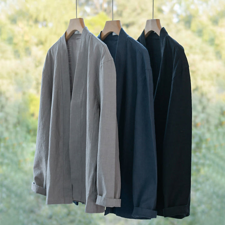 Buddha Stones Pure Color Stand Collar Men's Long Sleeve Cotton Linen Shirt - image 26