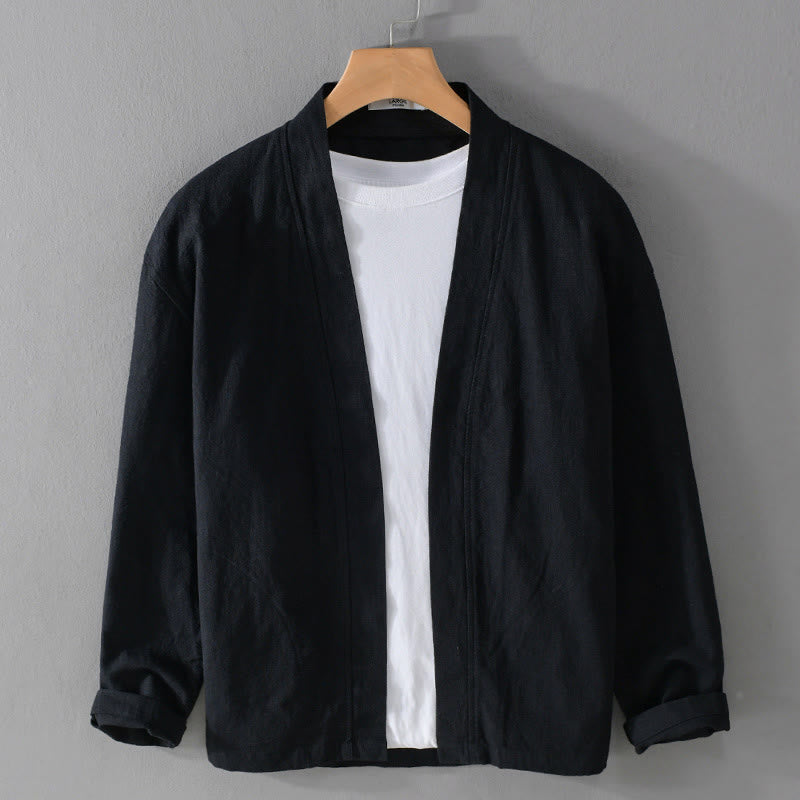 Buddha Stones Pure Color Stand Collar Men's Long Sleeve Cotton Linen Shirt - Black - US/UK/AU42，EU52 (3XL) - image 19