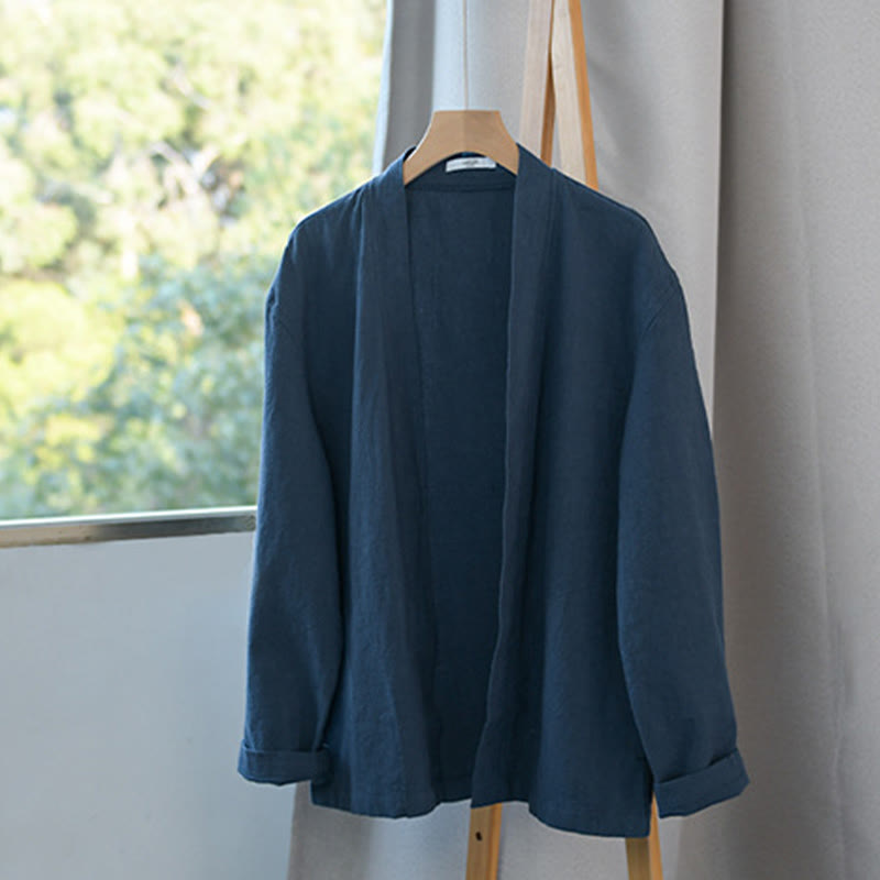 Buddha Stones Pure Color Stand Collar Men's Long Sleeve Cotton Linen Shirt - image 2