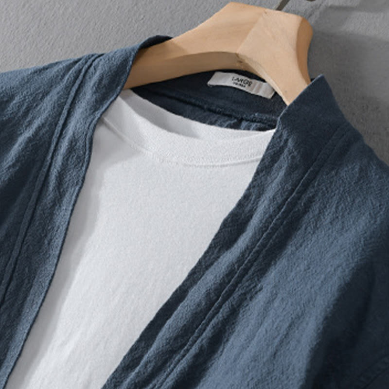 Buddha Stones Pure Color Stand Collar Men's Long Sleeve Cotton Linen Shirt - image 3