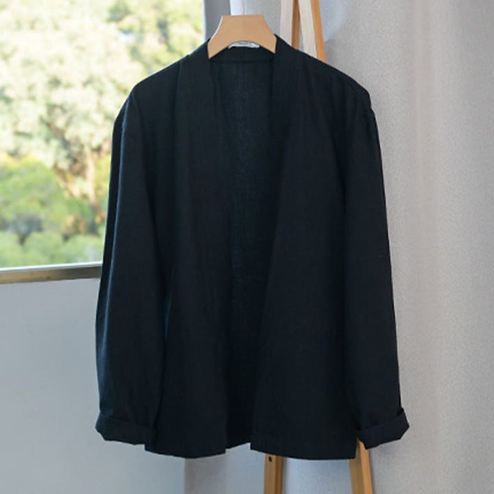Buddha Stones Pure Color Stand Collar Men's Long Sleeve Cotton Linen Shirt - image 20