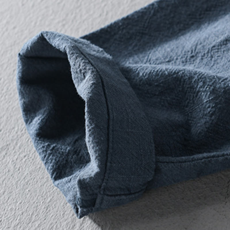 Buddha Stones Pure Color Stand Collar Men's Long Sleeve Cotton Linen Shirt - image 6