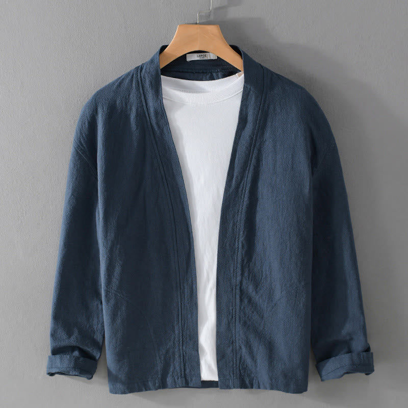 Buddha Stones Pure Color Stand Collar Men's Long Sleeve Cotton Linen Shirt - DarkBlue - US/UK/AU42，EU52 (3XL) - image 1