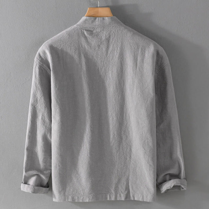 Buddha Stones Pure Color Stand Collar Men's Long Sleeve Cotton Linen Shirt - image 9