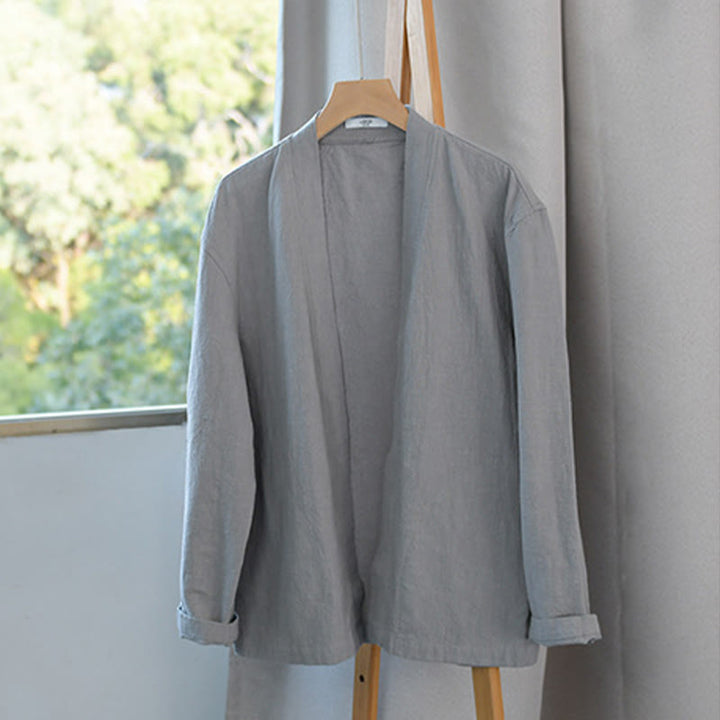 Buddha Stones Pure Color Stand Collar Men's Long Sleeve Cotton Linen Shirt - image 10