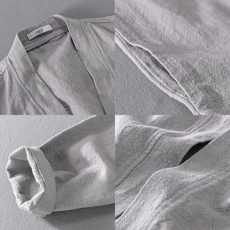 Buddha Stones Pure Color Stand Collar Men's Long Sleeve Cotton Linen Shirt - image 17
